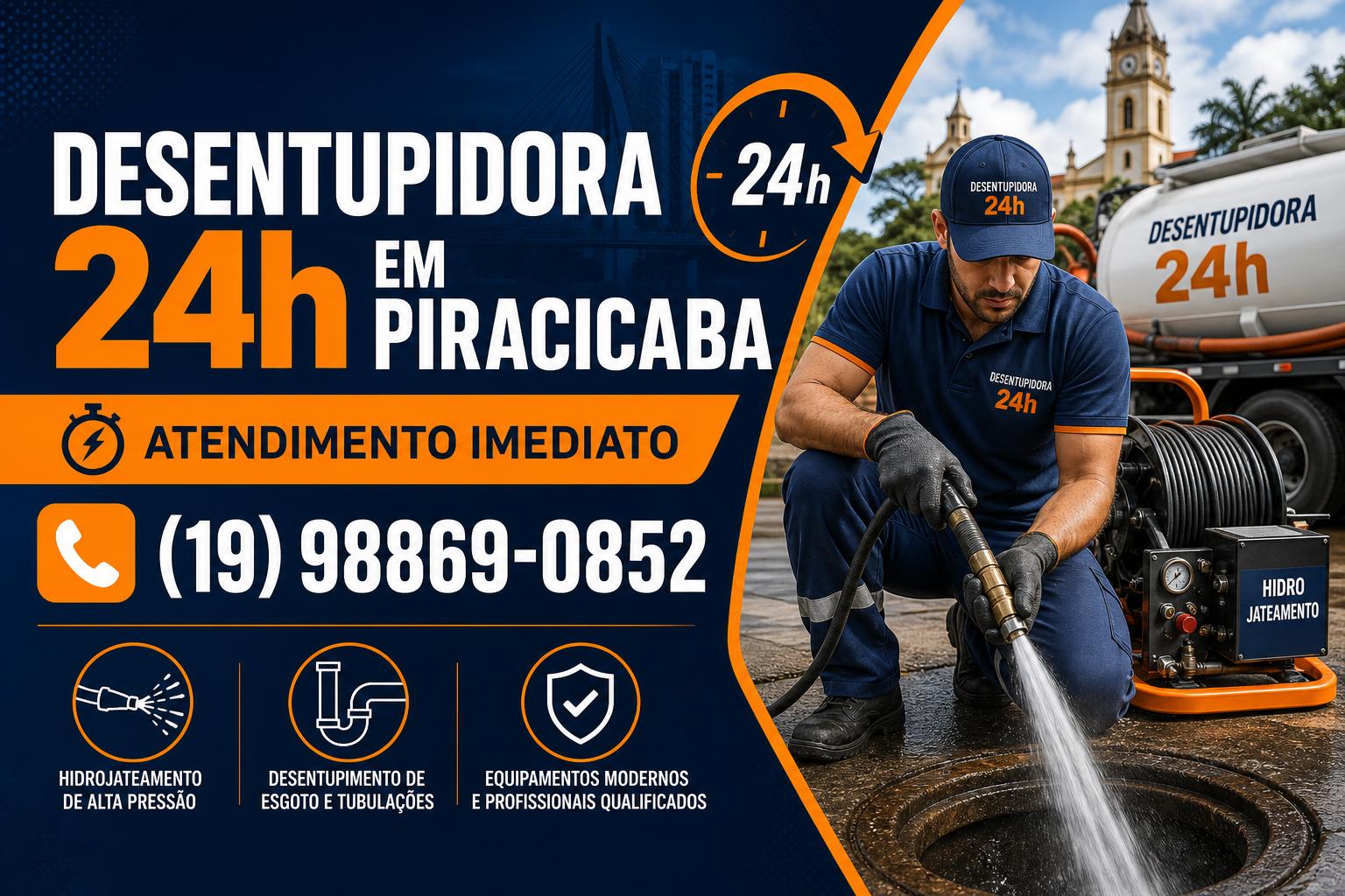 Cartão da Desentupidora Centro Piracicaba: atendimento 24h, telefone (19) 98869-0852 e hidrojateamento